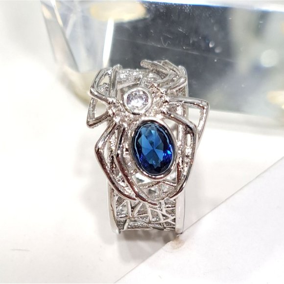 Blue Sapphire Black Widow Spider Stainless Statement Ring - Picture 8 of 13